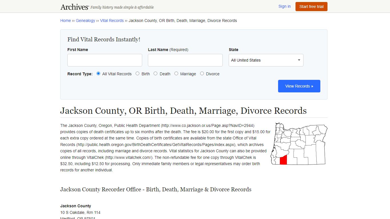 Jackson County, OR Birth, Death, Marriage, Divorce Records - Archives.com